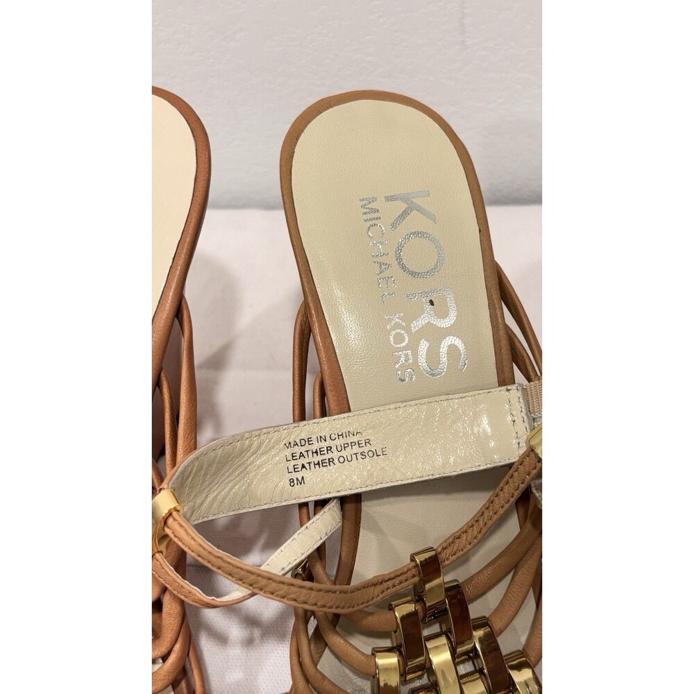Michael Kors Wedge Sandals Size 8 Brown Leather Strappy Gold Accent Heels - Picture 6 of 11